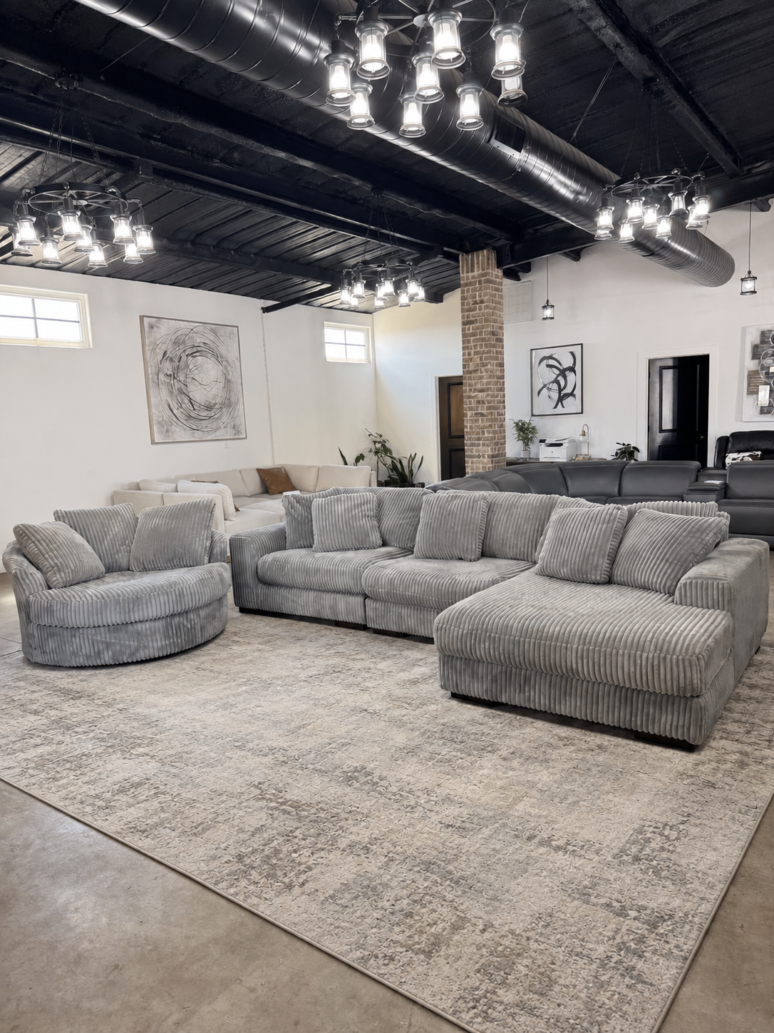 Ashley Grey Corduroy Sectional with Chaise & Swivel Accent Chair