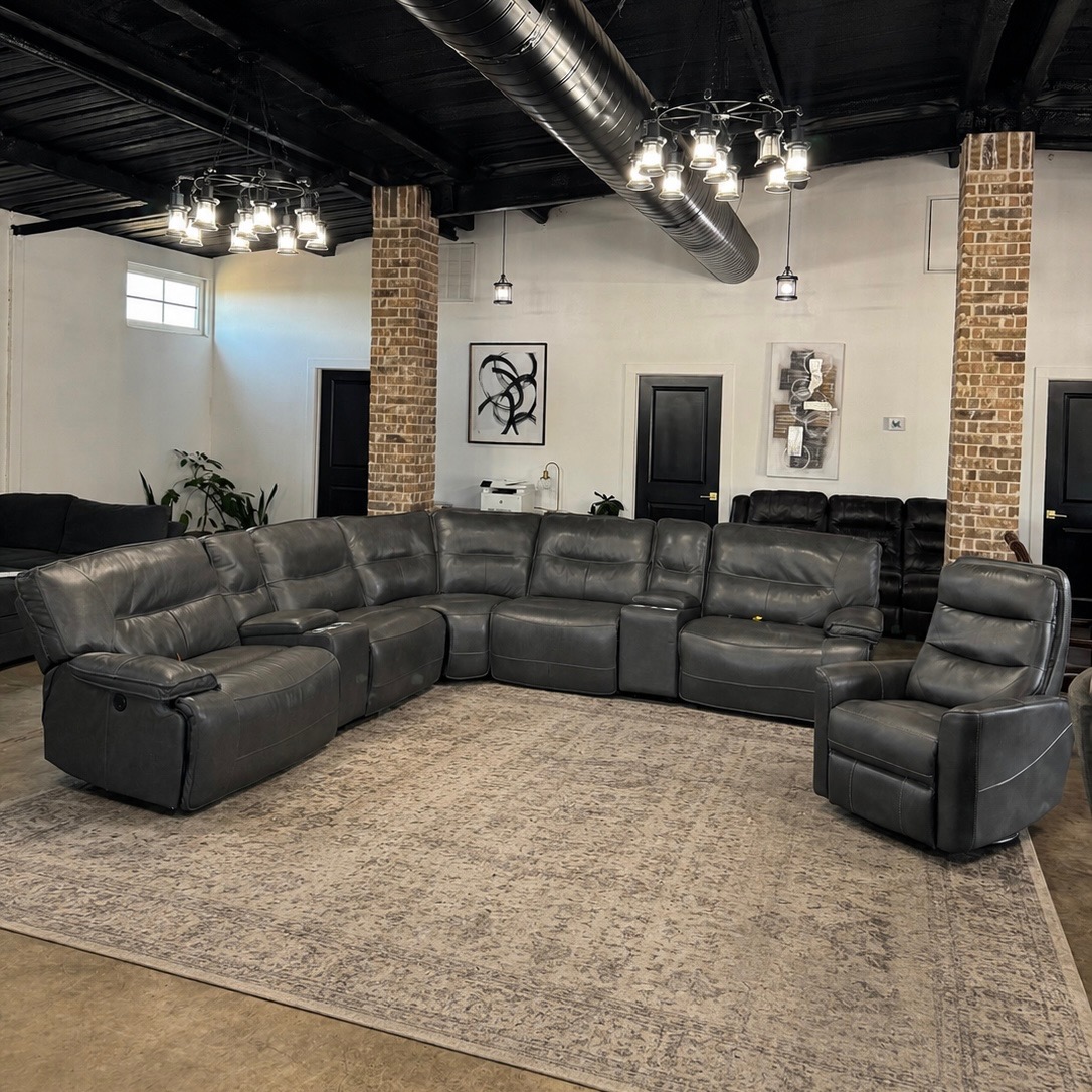 Grey Genuine Leather Power Reclining Sectional + Recliner Chair