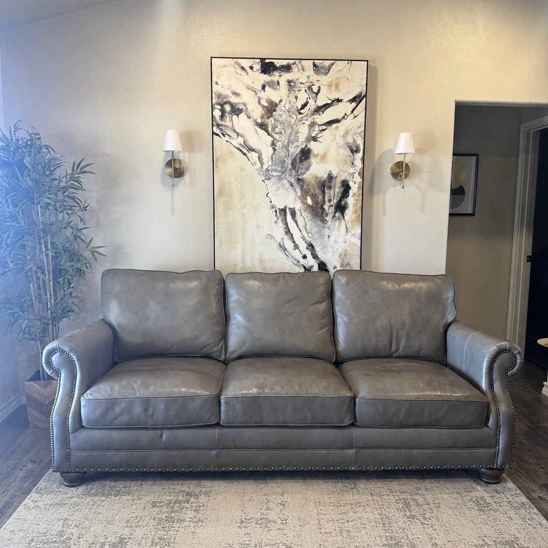 Bernhardt Grey Leather Nailhead Sofa
