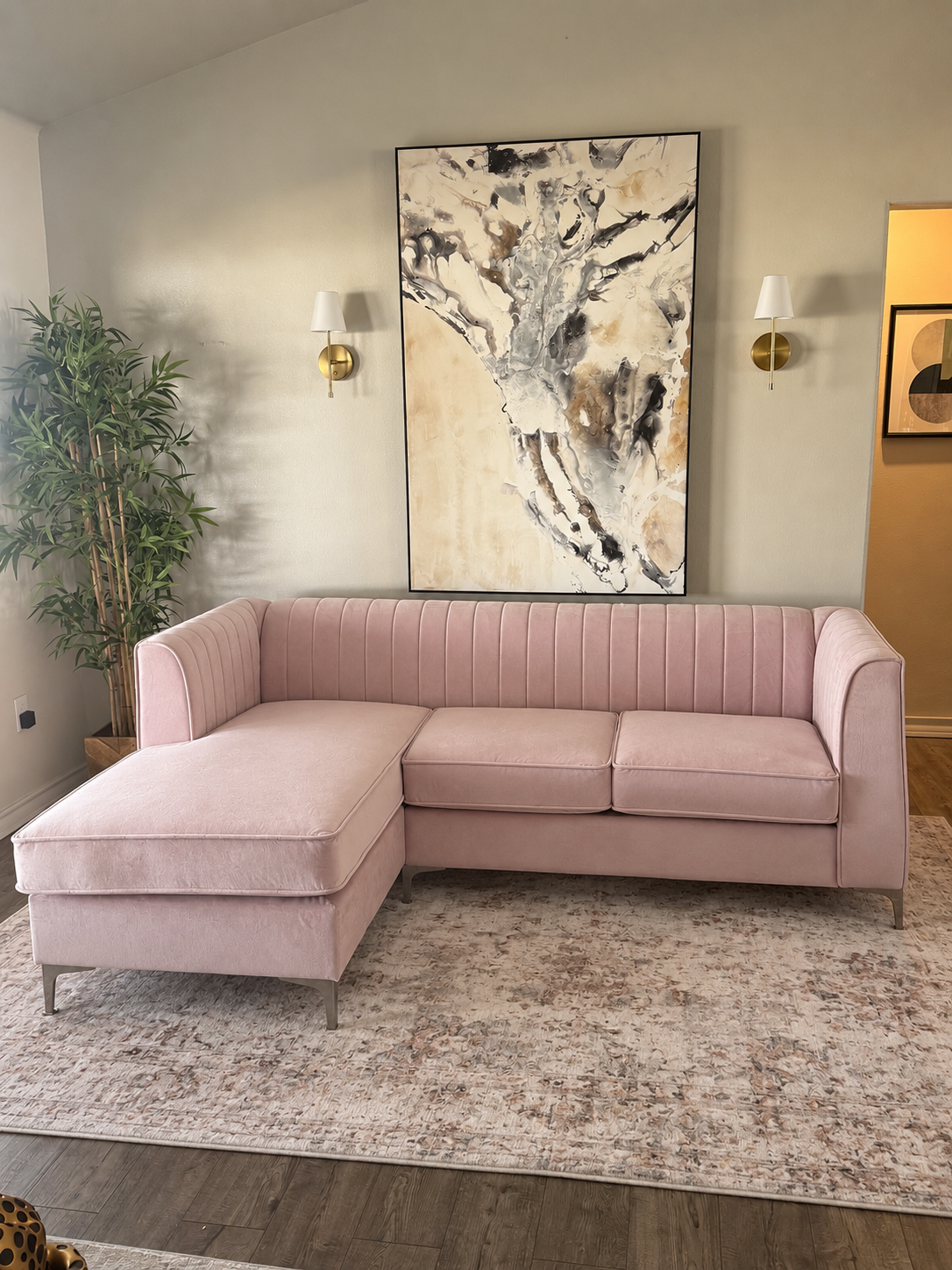 Pink Velvet Channel-Tufted L-Sectional with Chaise