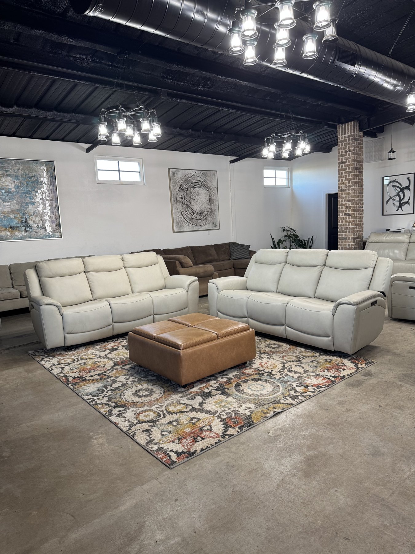 Ivory Leather Power Reclining Sofa & Loveseat Set